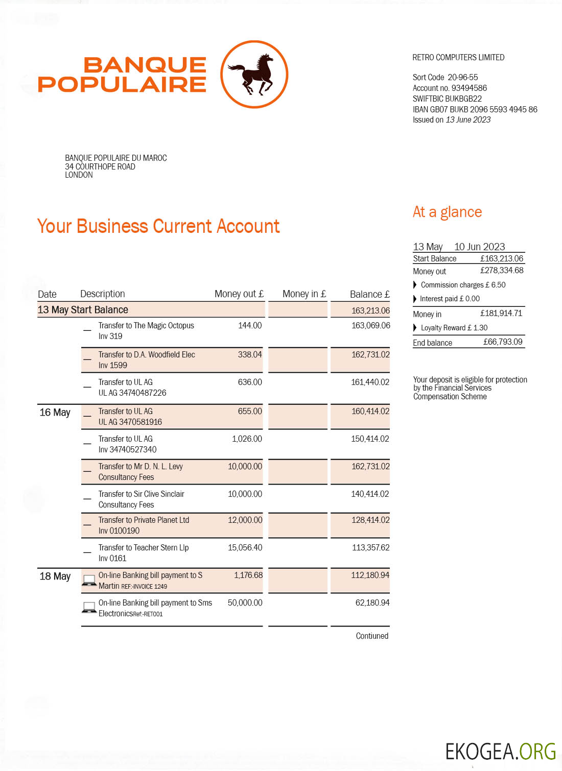 Relevé bancaire de la BANQUE Populaire du Maroc